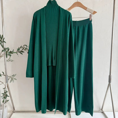 Mercerized Cotton Knit 3-Piece Set | Sleeveless Mock Neck Sweater Open Front Cardigan & Wide Leg Pants Suit