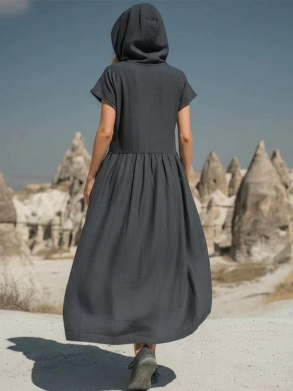 Women's Hooded Maxi Dress - Casual Short Sleeve Zipper Loose Long Dress