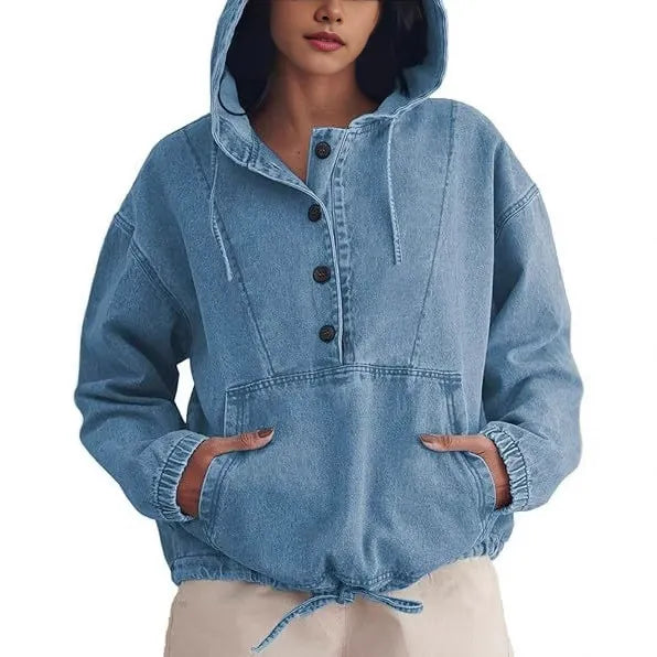 Retro Light Wash Denim Hooded Sweatshirt for Women - Loose Fit Drawstring Hem Jean Pullover Top