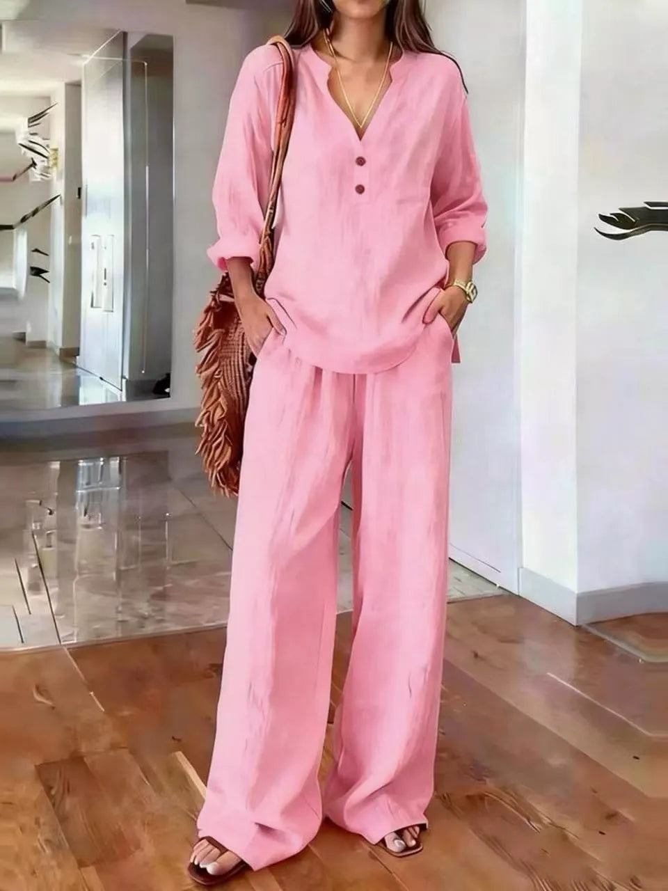 Ensembles deux pièces en mélange de lin pour femme – Haut tunique à manches longues avec col Henley en V et pantalon large, Ensemble coordonné décontracté pour les vacances d'été