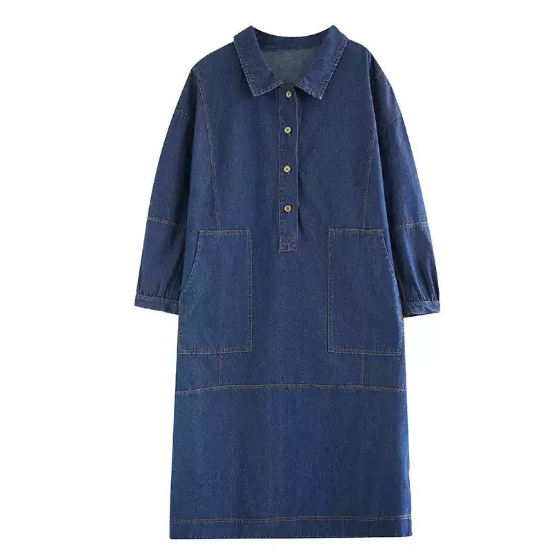 Vintage Oversized Denim Dress for Women - Artsy Button-Up Peter Pan Collar Jumper