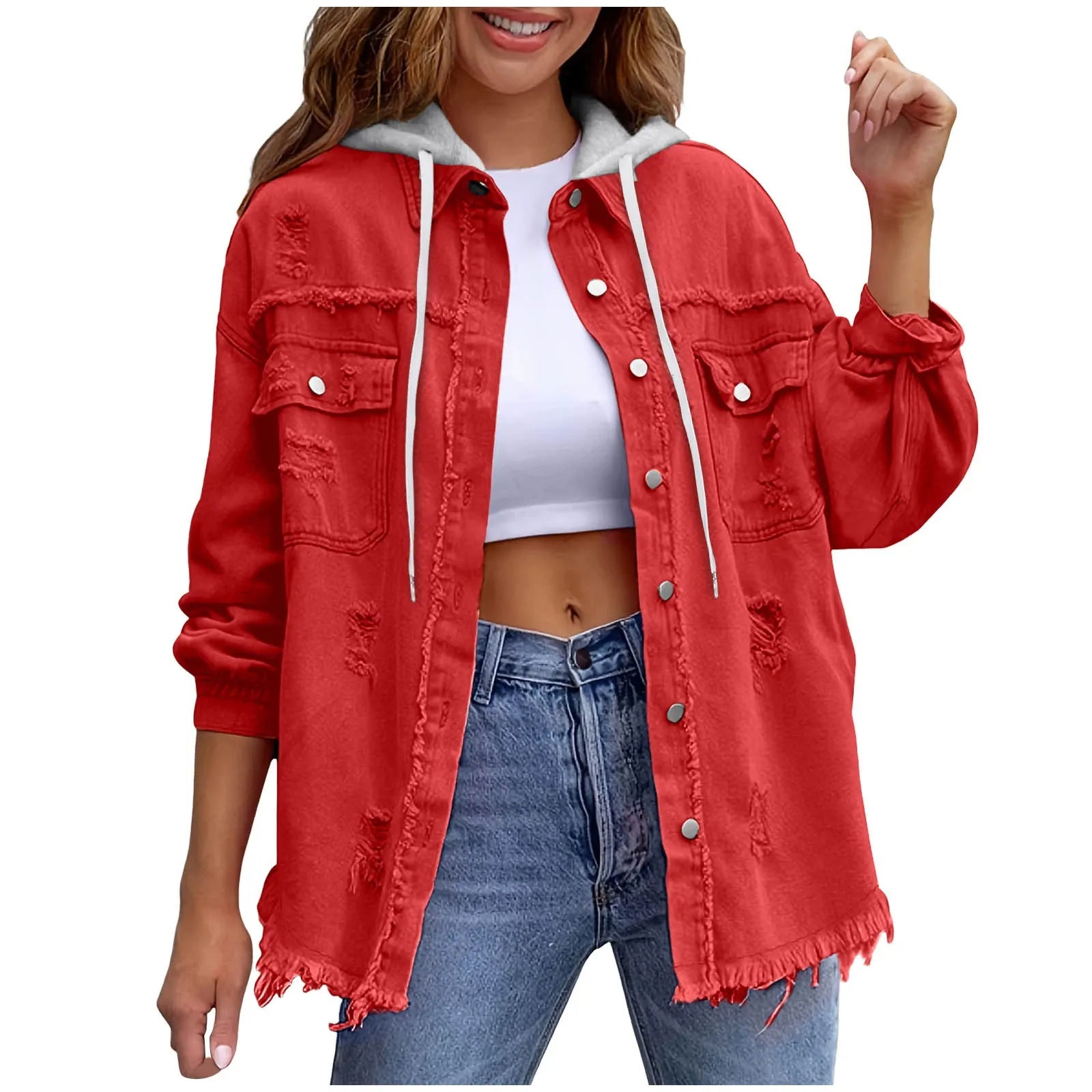 Women's Hooded Distressed Denim Jacket | Casual Long Sleeve Washed Jean Shacket Top