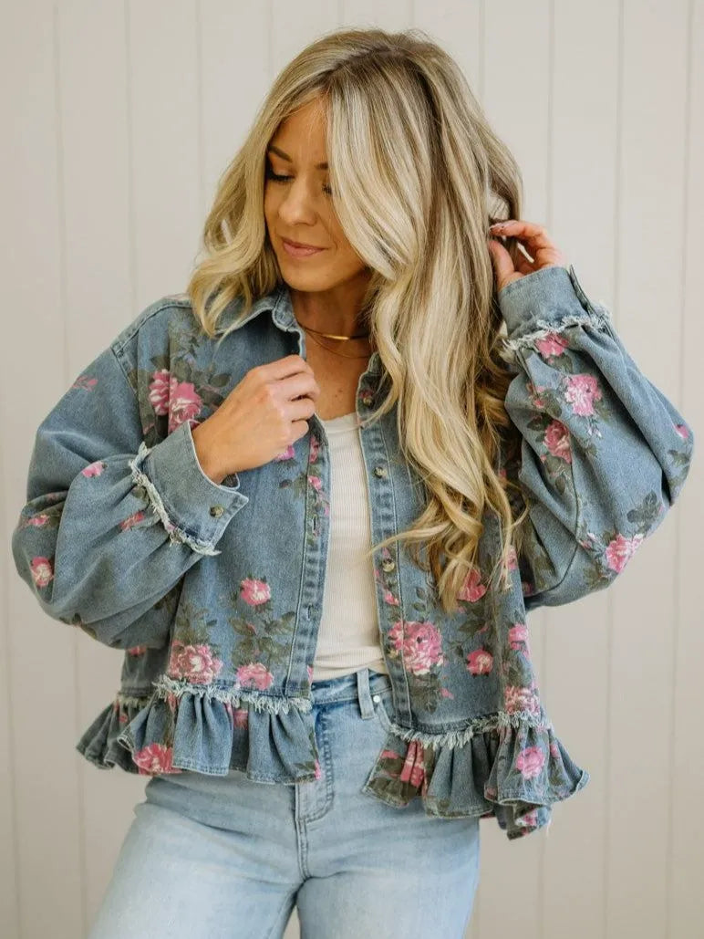 Vintage Rose Print Denim Blouse for Women - Elegant Flounce Trim Loose Fit Top
