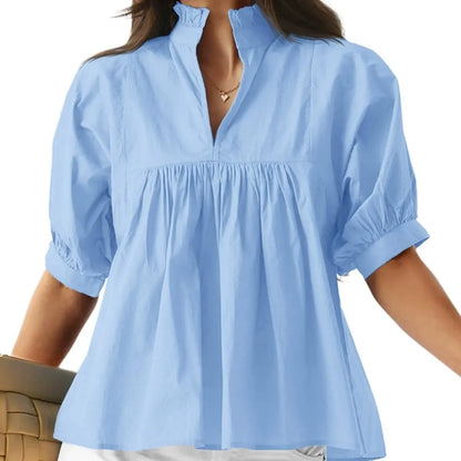 Women's shirt/T-shirt with mid-length sleeves and loose fit, V-neck
