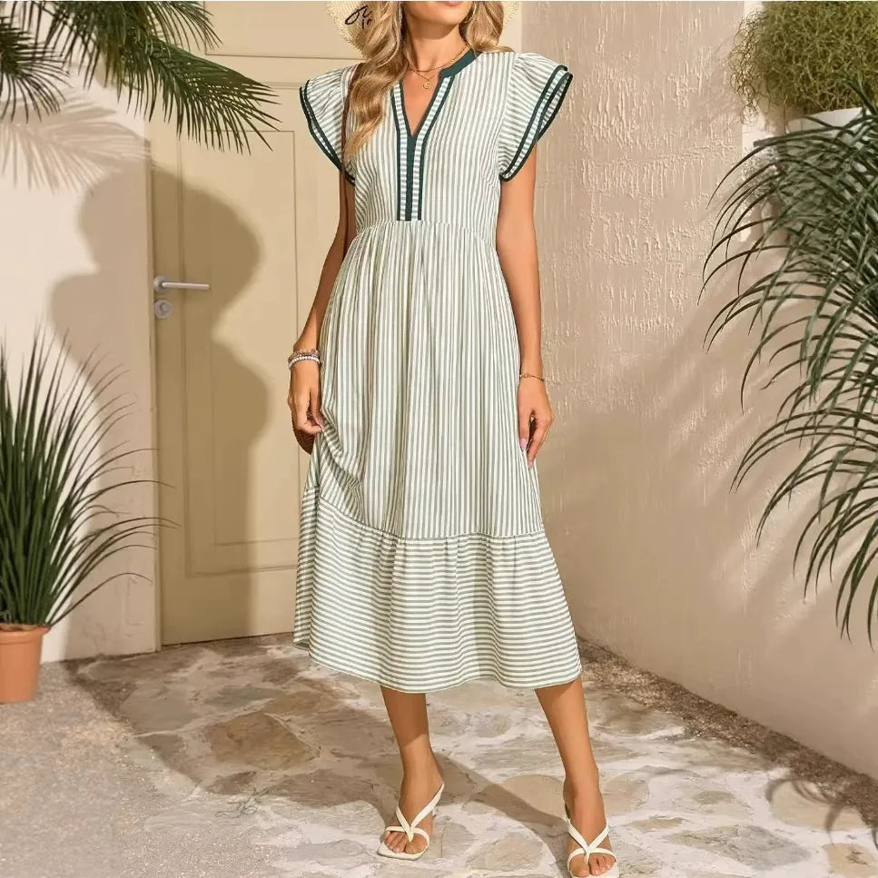 Mediterranean Style Striped Holiday Dress | Elegant High Waist Midi Dress with Pockets