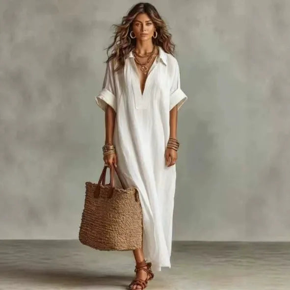 Women's Minimalist Linen-Look Maxi Dress | Casual Polo Collar Roll-Up Short Sleeve Kaftan