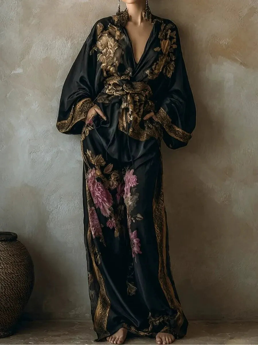 Boho Luxury Silk-Feel Kimono Top and Matching Wide Leg Trousers Two-Piece Resort Set