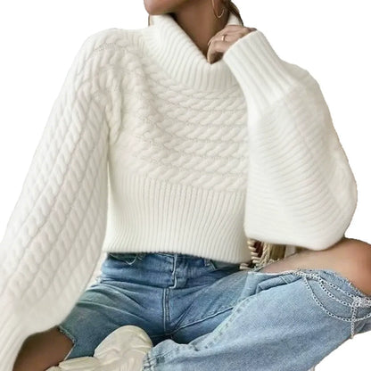 Chic Cable Knit Turtle Neck Sweater - Slouchy Lantern Sleeve Solid Pullover Knitwear