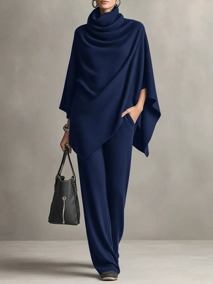 Elegant Cowl Neck Poncho & Wide-Leg Pants 2-Piece Knit Set