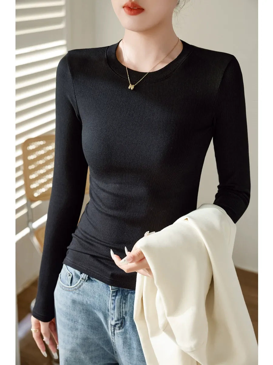 Premium High-Stretch Ribbed Crewneck Top - Slim Fit Classic Long Sleeve T-Shirt Layering Base Layer