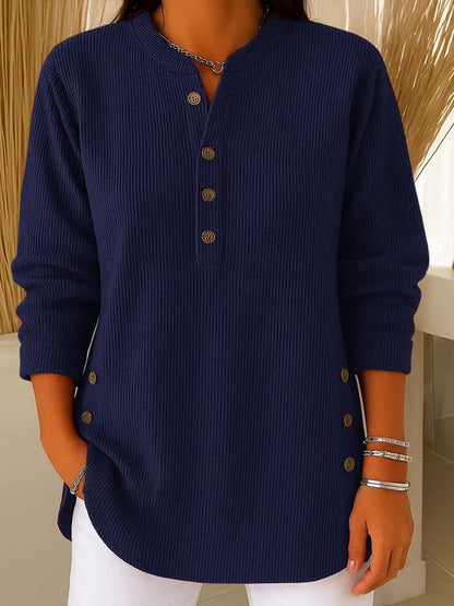 Chic Corduroy-Texture Knitted Blouse for Women - Loose Fit Side Button Tunic Jumper