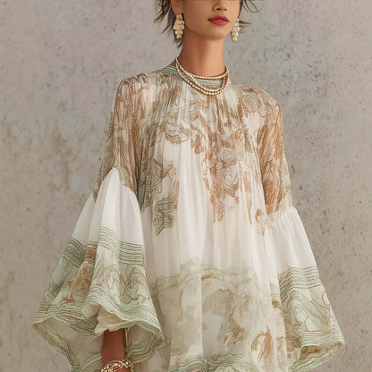 Flowy Lantern Sleeve Resort Dress - Lightweight Oversized Bohemian Tunic