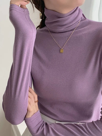 Classic Ribbed Turtleneck Top - Slim Fit High Neck Long Sleeve T-Shirt Base Layer Layering Top