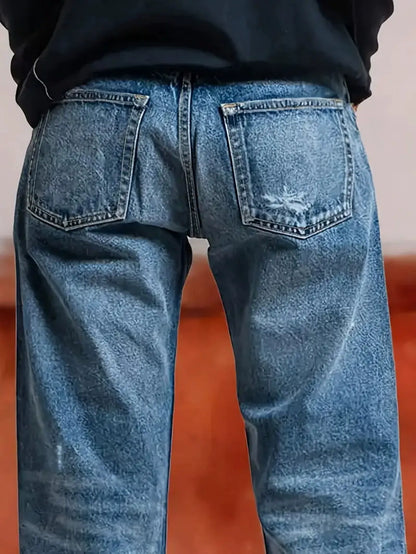 Vintage Washed Distressed Crop Jeans for Women - Loose Fit Raw Edge Trousers