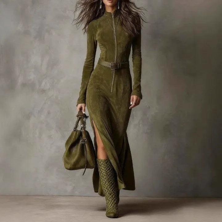 Faux Suede Long Dress | Elegant High Waist Mermaid Hem Dress with Belt
