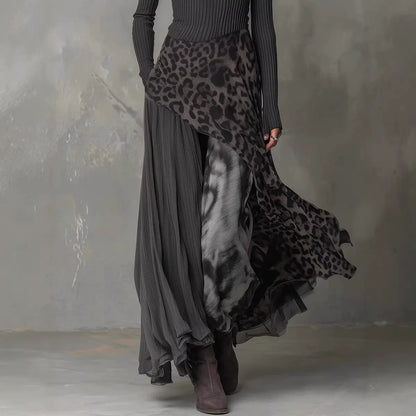 Robe longue en tricot côtelé épissé | Robe de soirée léopard asymétrique élégante à taille haute