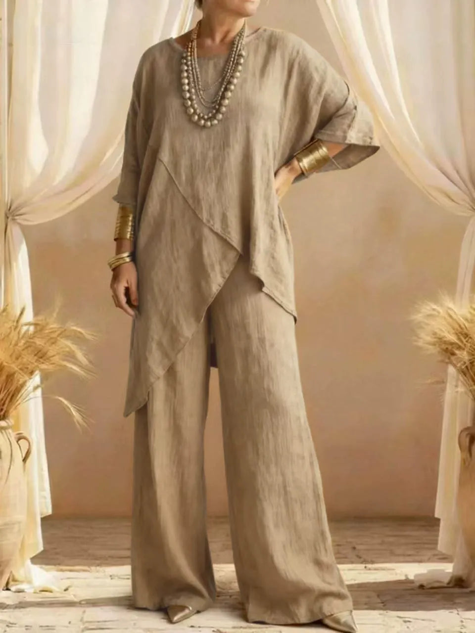 Ensemble deux pièces asymétrique en lin pour femmes – Tunique superposée oversize et pantalon large, ensemble décontracté d'été style bohème