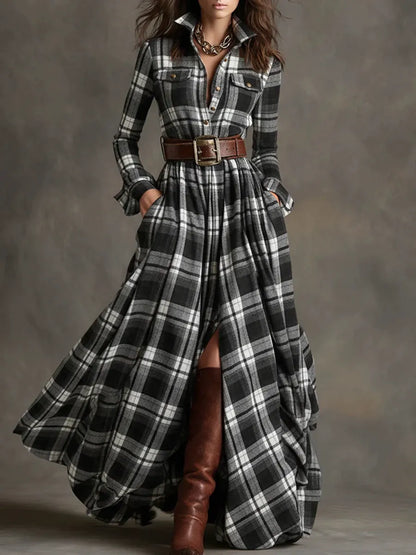 Women's Plaid Long Sleeve Maxi Dress - Vintage Tartan Check Shirt Dress with Pockets