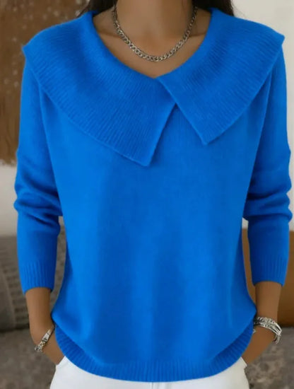 Women's Asymmetric Sailor Collar Sweater | Casual Solid Color Long Sleeve Knit Pullover