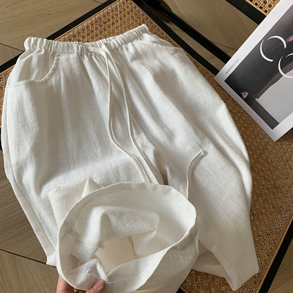 High-Waisted Linen Cotton Blend Drawstring Pants | Breathable Relaxed Fit Trousers