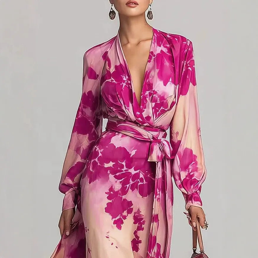 Robe Longue Fleurie Romantique Française | Robe de Soirée Fluide de Luxe à Ceinture pour les Vacances de Printemps