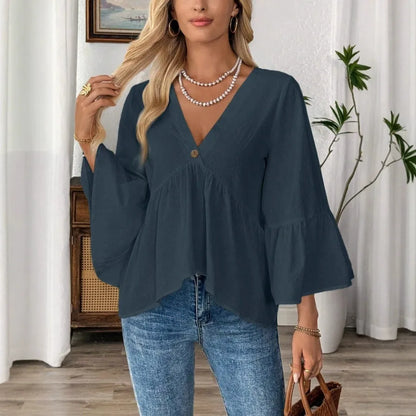 Cotton V-Neck Blouse | Flare Ruffle Sleeve Casual Flowy Babydoll Shirt Top