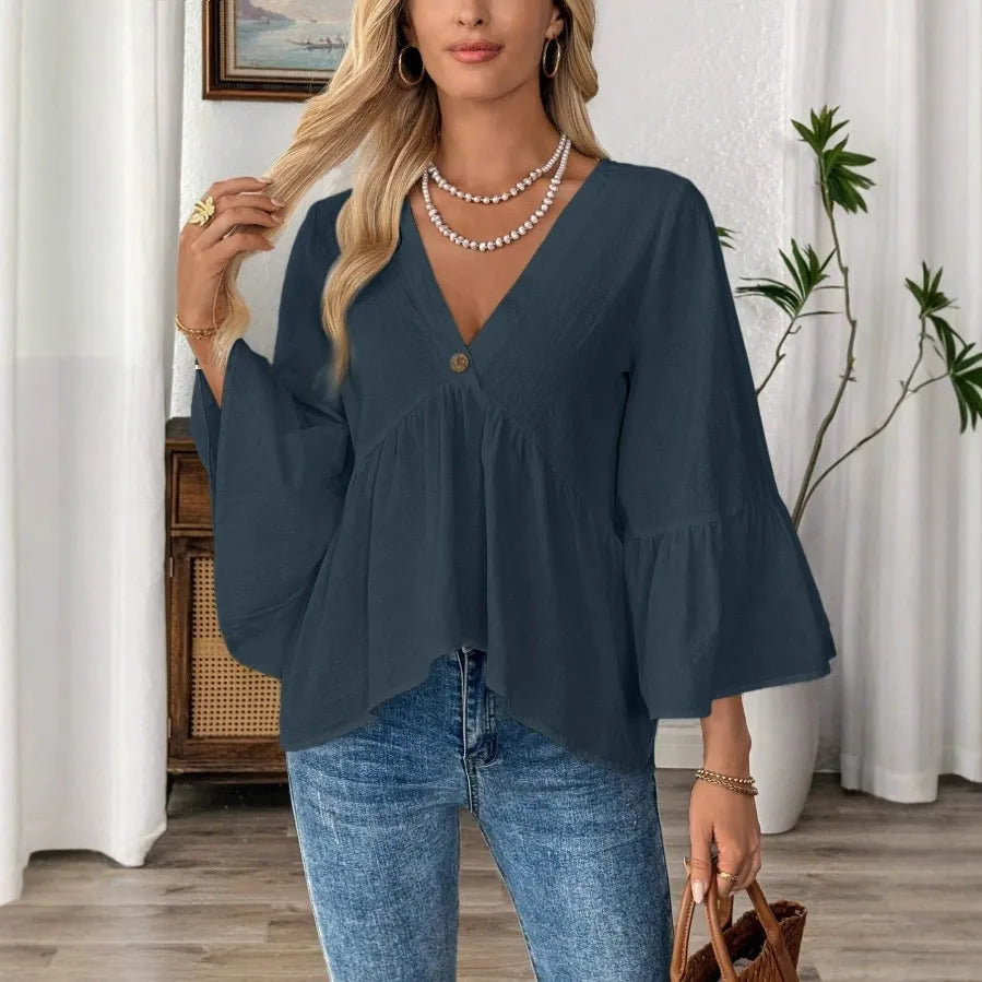 Cotton V-Neck Blouse | Flare Ruffle Sleeve Casual Flowy Babydoll Shirt Top