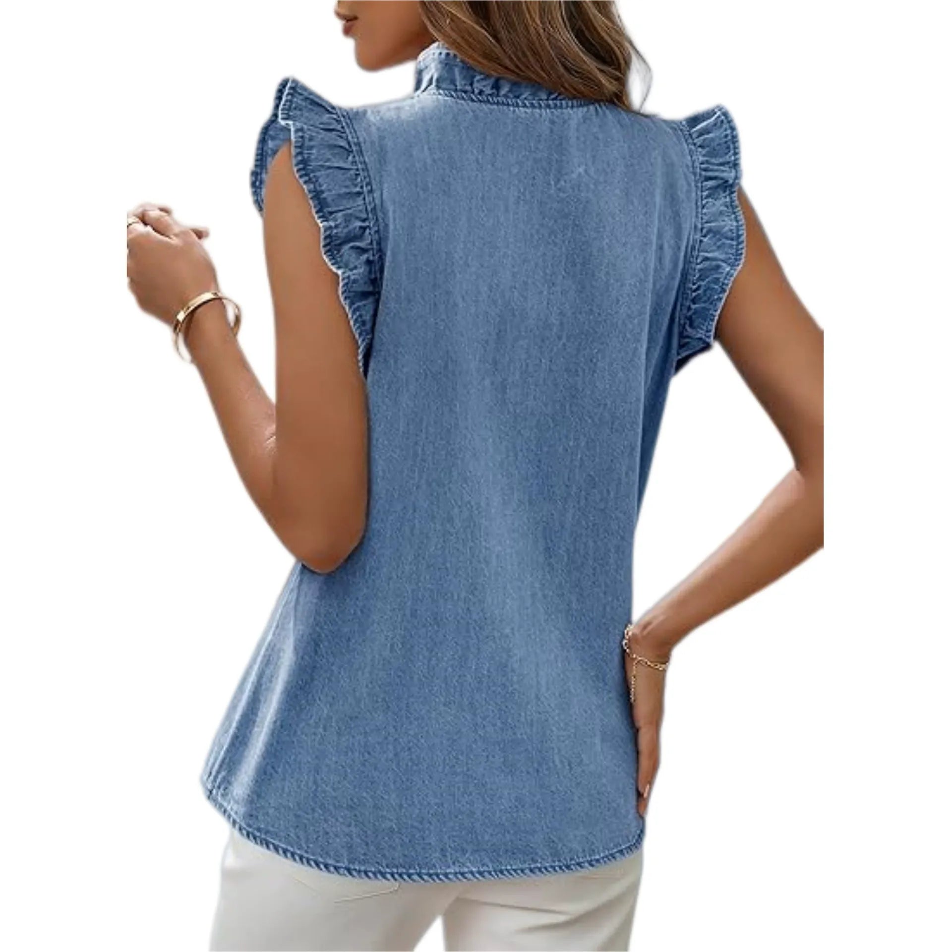 Women's Ruffle Sleeveless Denim Shirt | Casual Washed Blue Jean Tank Top with Frill Trim V-Neck