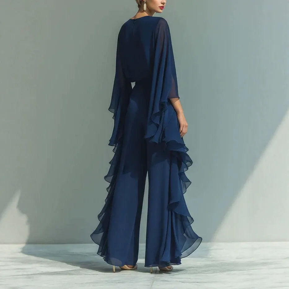 Ensemble décontracté plissé bleu marine | Pantalon Palazzo taille haute à volants et ensemble élégant