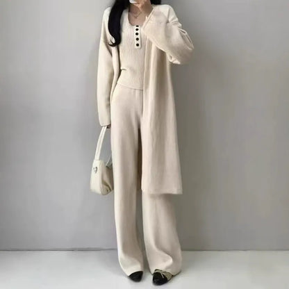 Ribbed Slimming Knit 3-Piece Set | Open Front Long Cardigan Button Square Neck Cami & Wide Leg Pants Suit