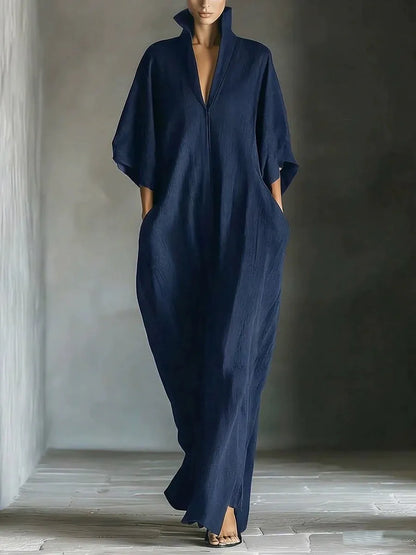 Elegant Stand Collar V-Neck Kaftan Dress - Loose Fit Half Sleeve Maxi Long Dress with Pockets