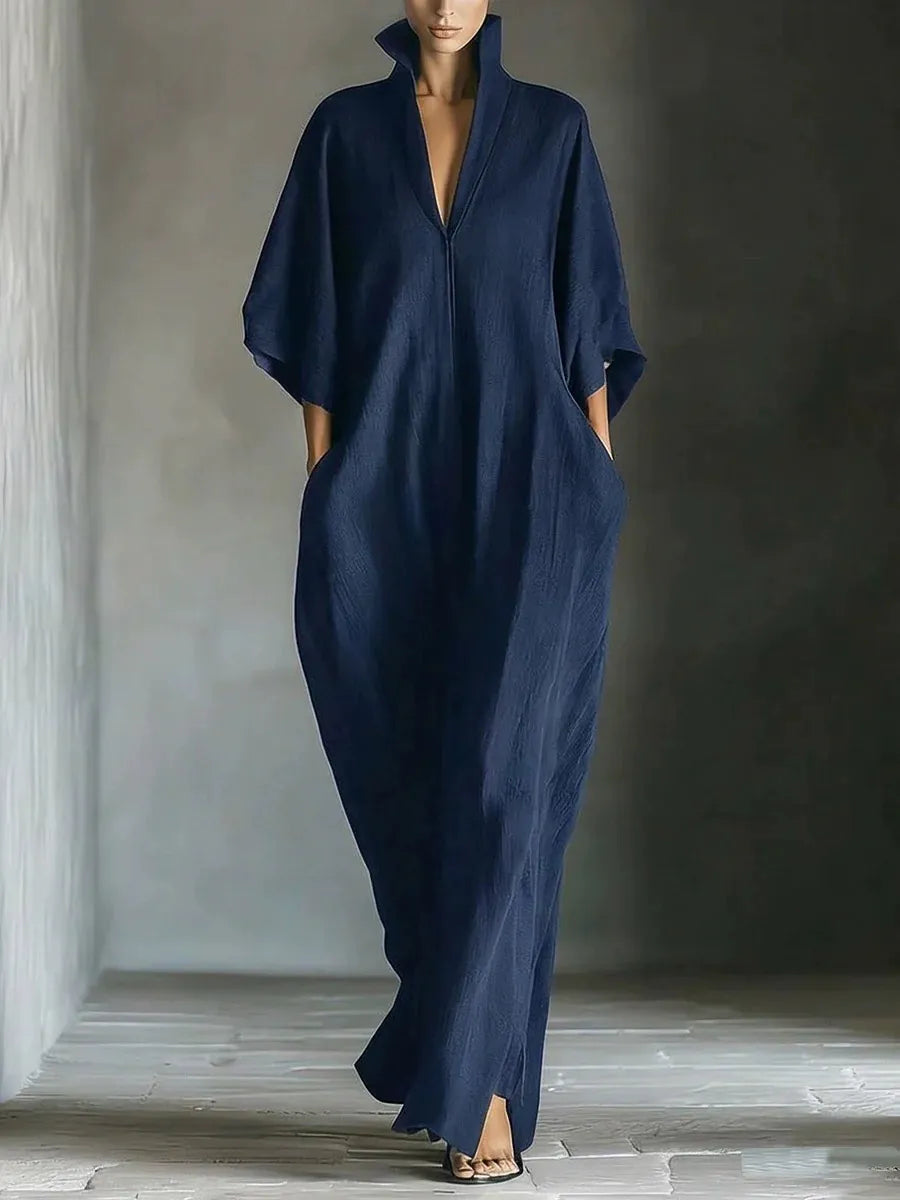 Elegant Stand Collar V-Neck Kaftan Dress - Loose Fit Half Sleeve Maxi Long Dress with Pockets