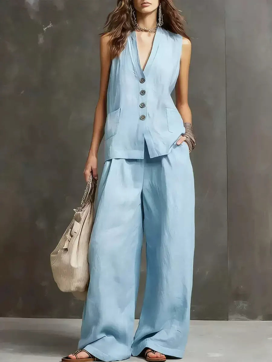 Ensemble chic coordonné d'été pour femme – Gilet en lin rose poudré et pantalon palazzo fluide, tenue de villégiature élégante deux pièces