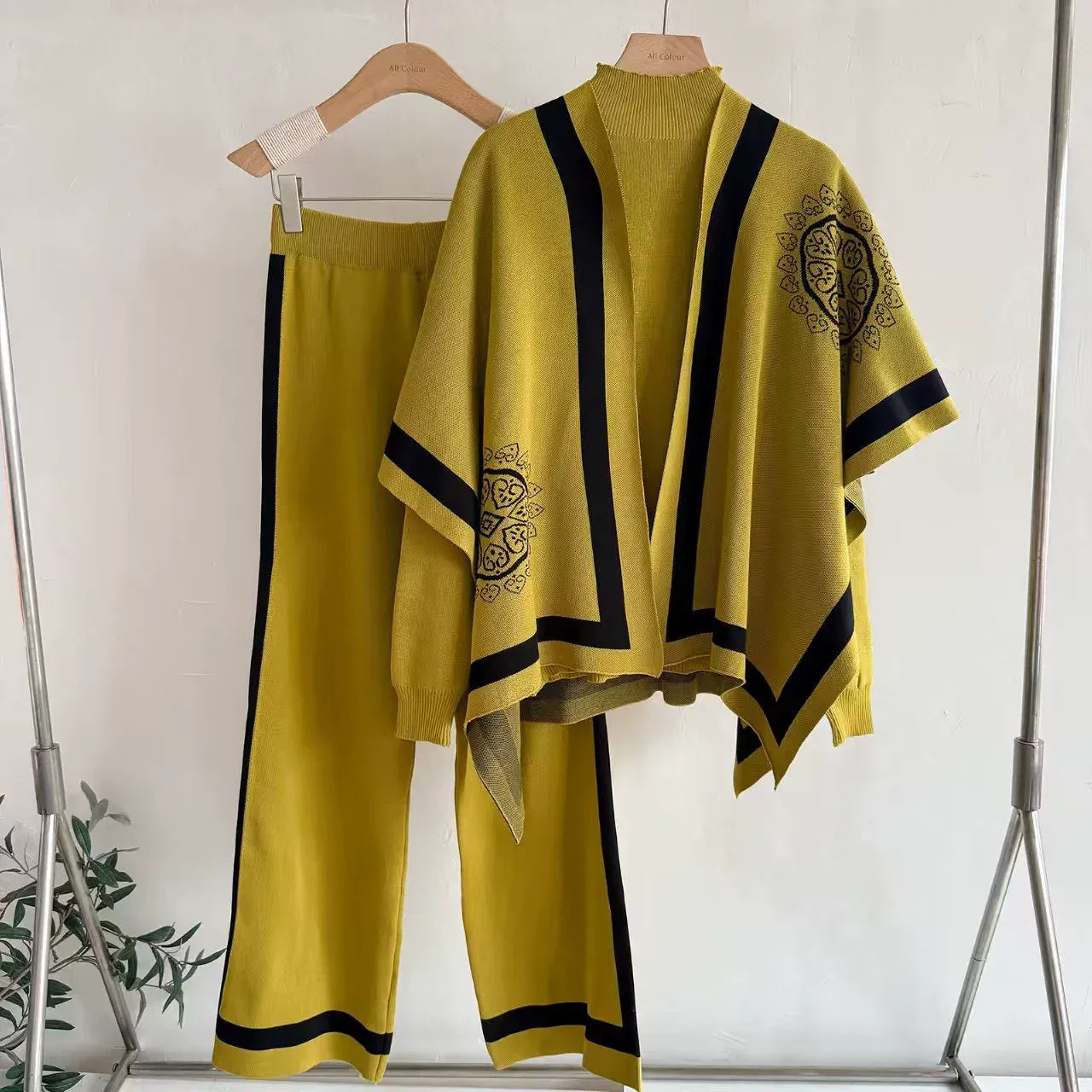 Old Money Geometric Knit 3-Piece Set | Sleeveless Mock Neck Vest Open Front Cardigan Shawl & Wide Leg Pants Suit