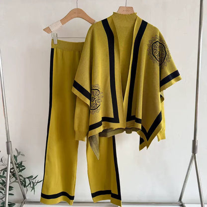Old Money Geometric Knit 3-Piece Set | Sleeveless Mock Neck Vest Open Front Cardigan Shawl & Wide Leg Pants Suit