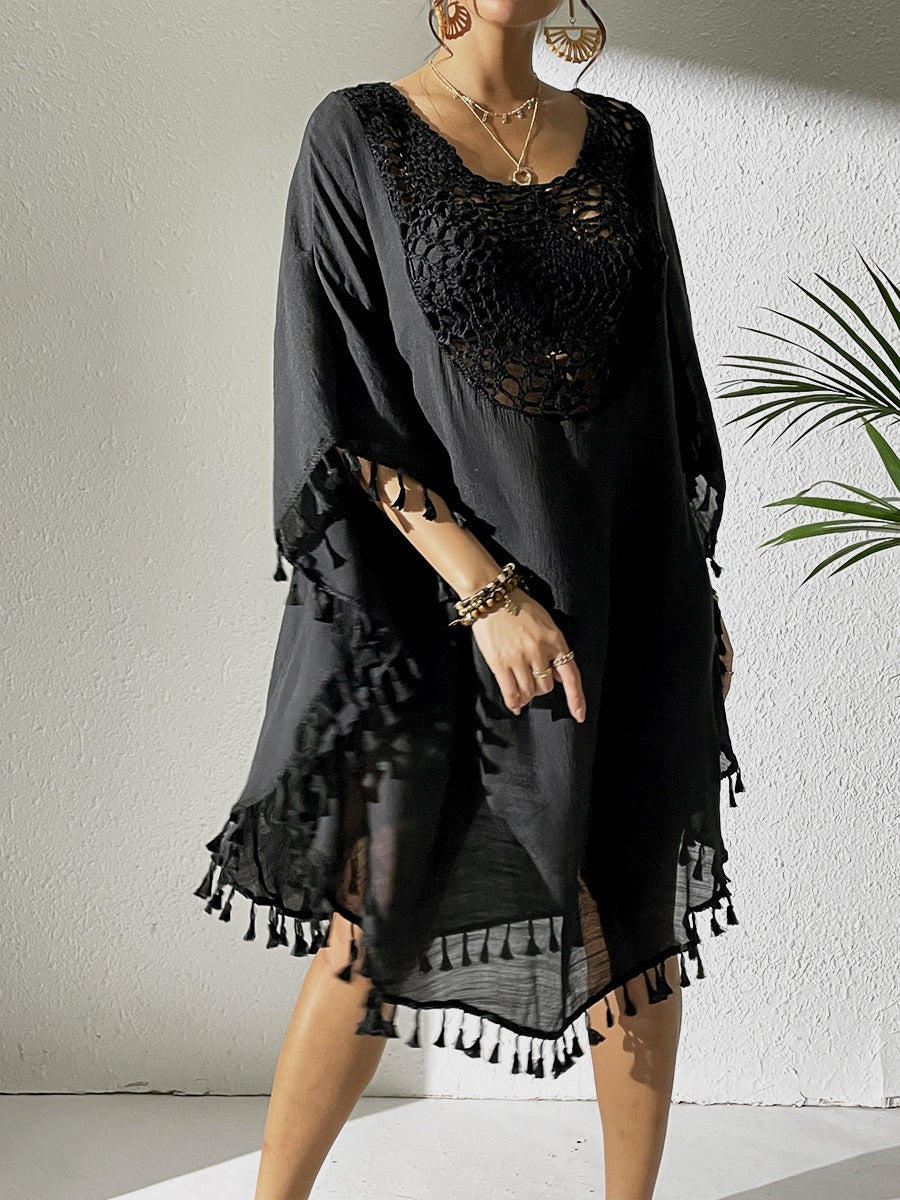 PromiseGift Caftan bohème en crochet et dentelle - Cache-maillot de plage blanc à pompons