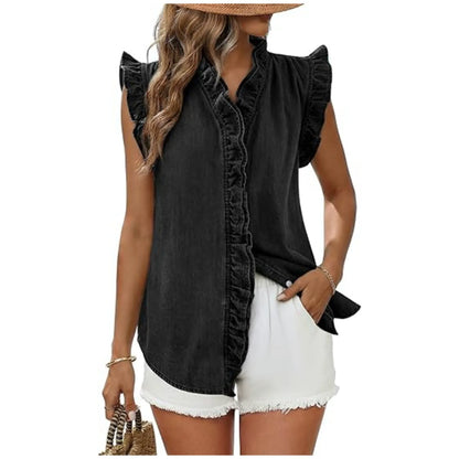 Women's Ruffle Sleeveless Denim Shirt | Casual Washed Blue Jean Tank Top with Frill Trim V-Neck
