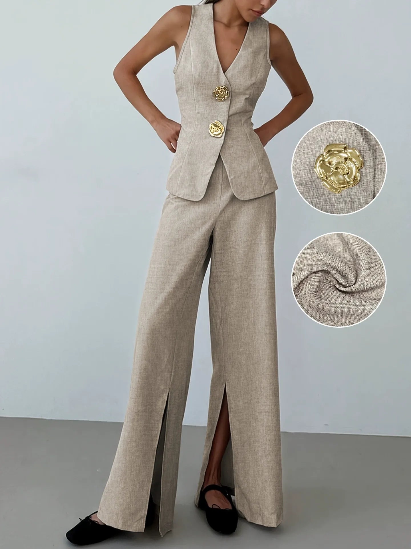 Ensemble de tailleur 2 pièces PromiseGift en imitation lin | Gilet col V et pantalon large fendu beige lin