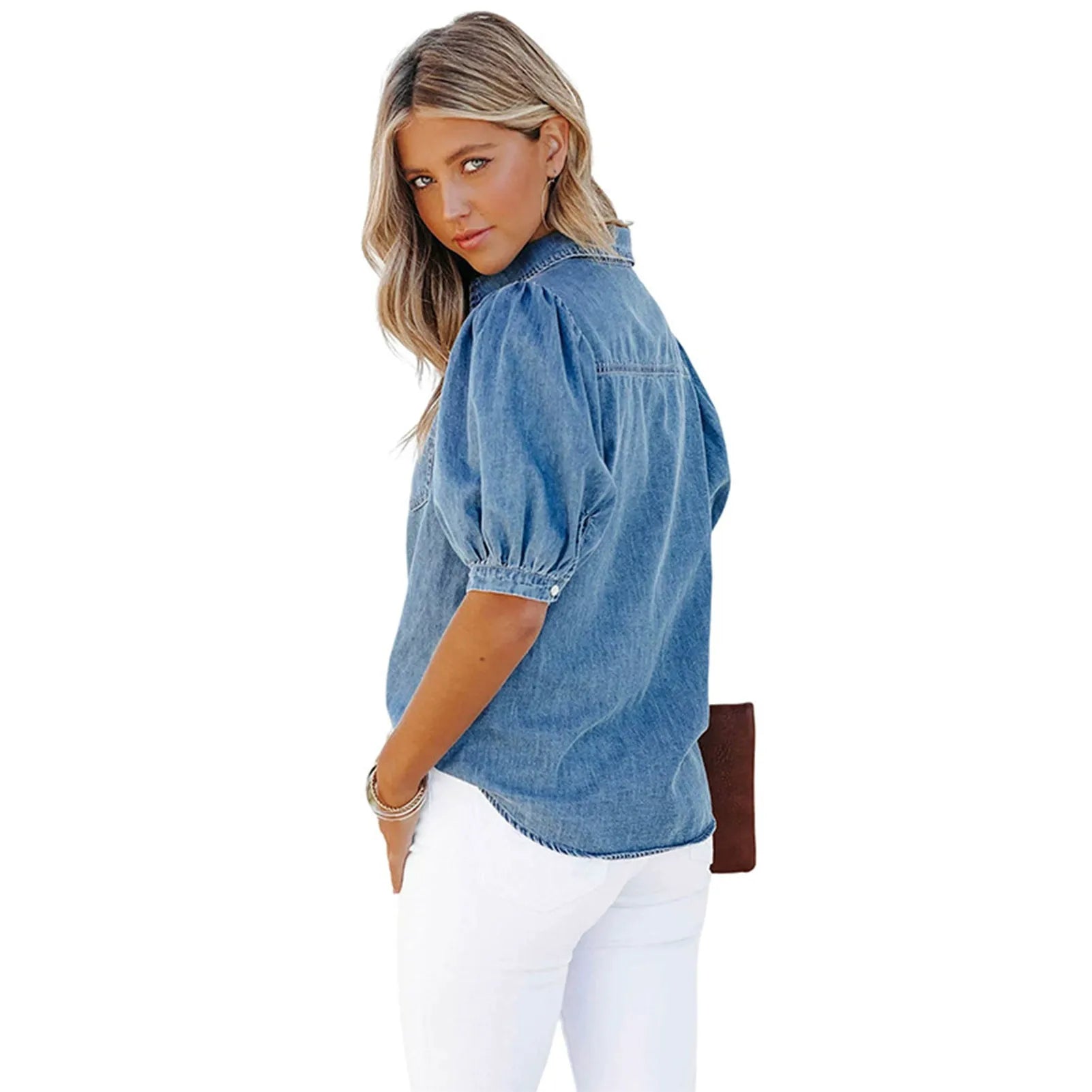 Women’s Puff Sleeve Short Sleeve Denim Button-Up Shirt with Turn-Down Collar