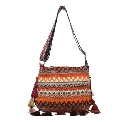 Bohemian Tribal Knit Crossbody Bag - Vintage Geometric Beach Shoulder Purse with Layered Tassels