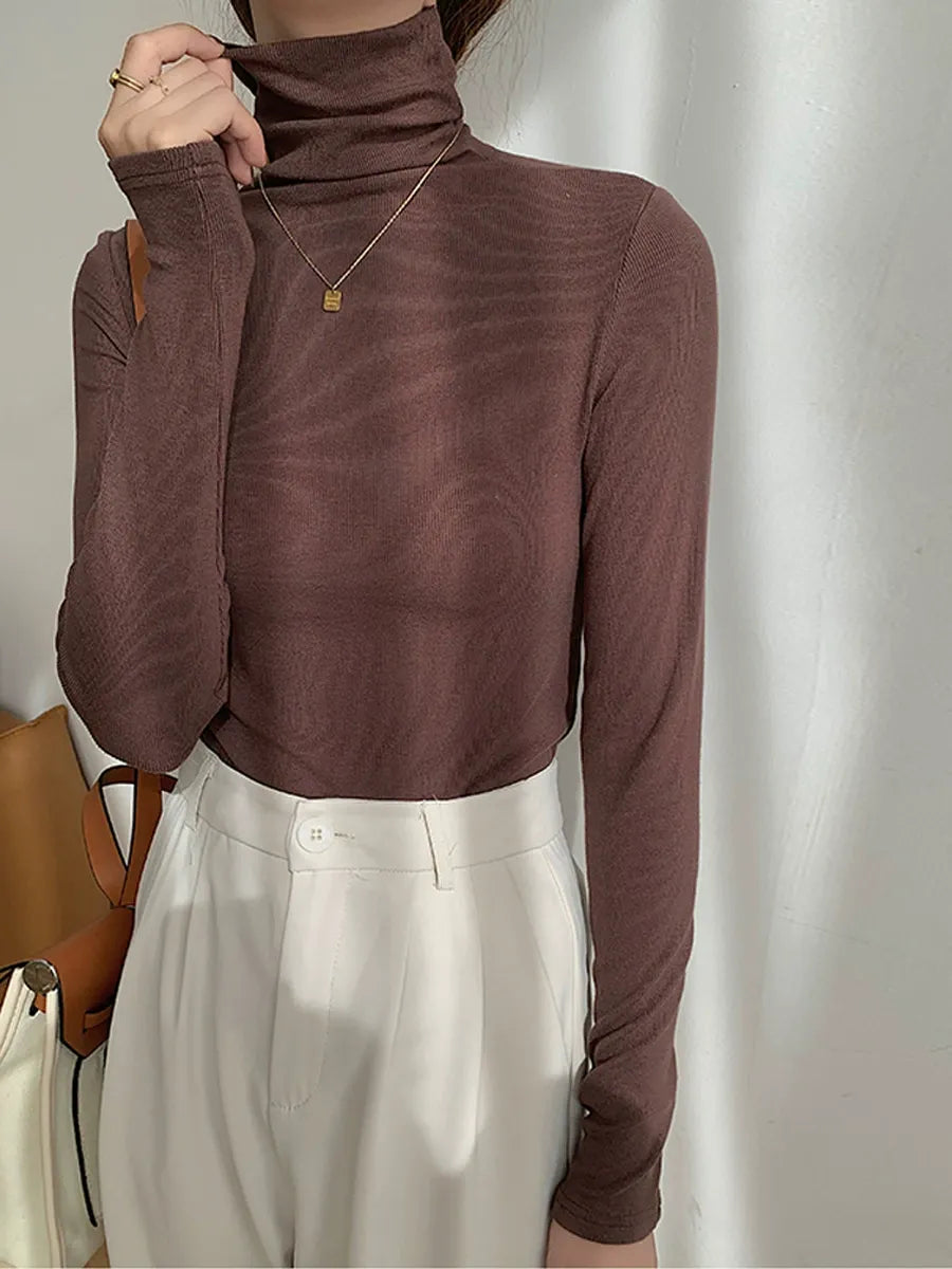 Classic Ribbed Turtleneck Top - Slim Fit High Neck Long Sleeve T-Shirt Base Layer Layering Top