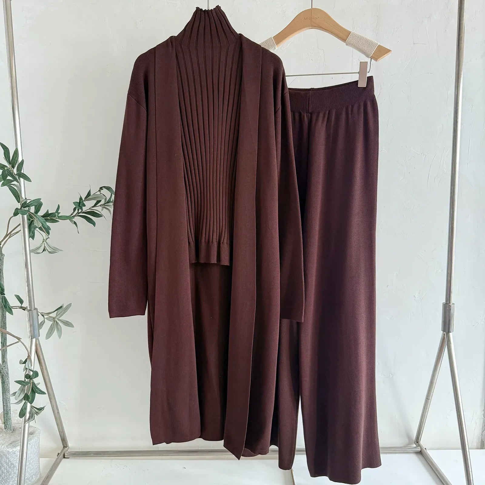 Mercerized Cotton Knit 3-Piece Set | Sleeveless Mock Neck Sweater Open Front Cardigan & Wide Leg Pants Suit
