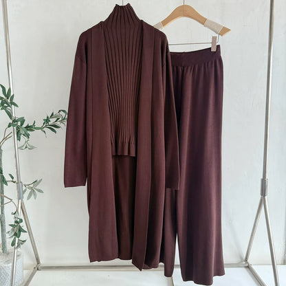Mercerized Cotton Knit 3-Piece Set | Sleeveless Mock Neck Sweater Open Front Cardigan & Wide Leg Pants Suit