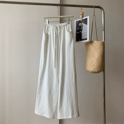 High-Waisted Linen Cotton Blend Drawstring Pants | Breathable Relaxed Fit Trousers