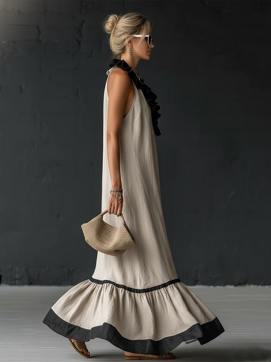 Robe longue à volants bicolore, élégante et romantique