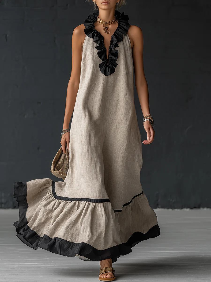 Robe longue à volants bicolore, élégante et romantique