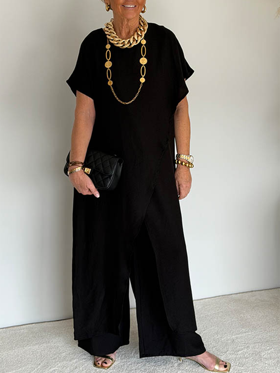 Ensemble deux pièces asymétrique ample et confortable pour femme - Tenue décontractée rétro en mélange de coton