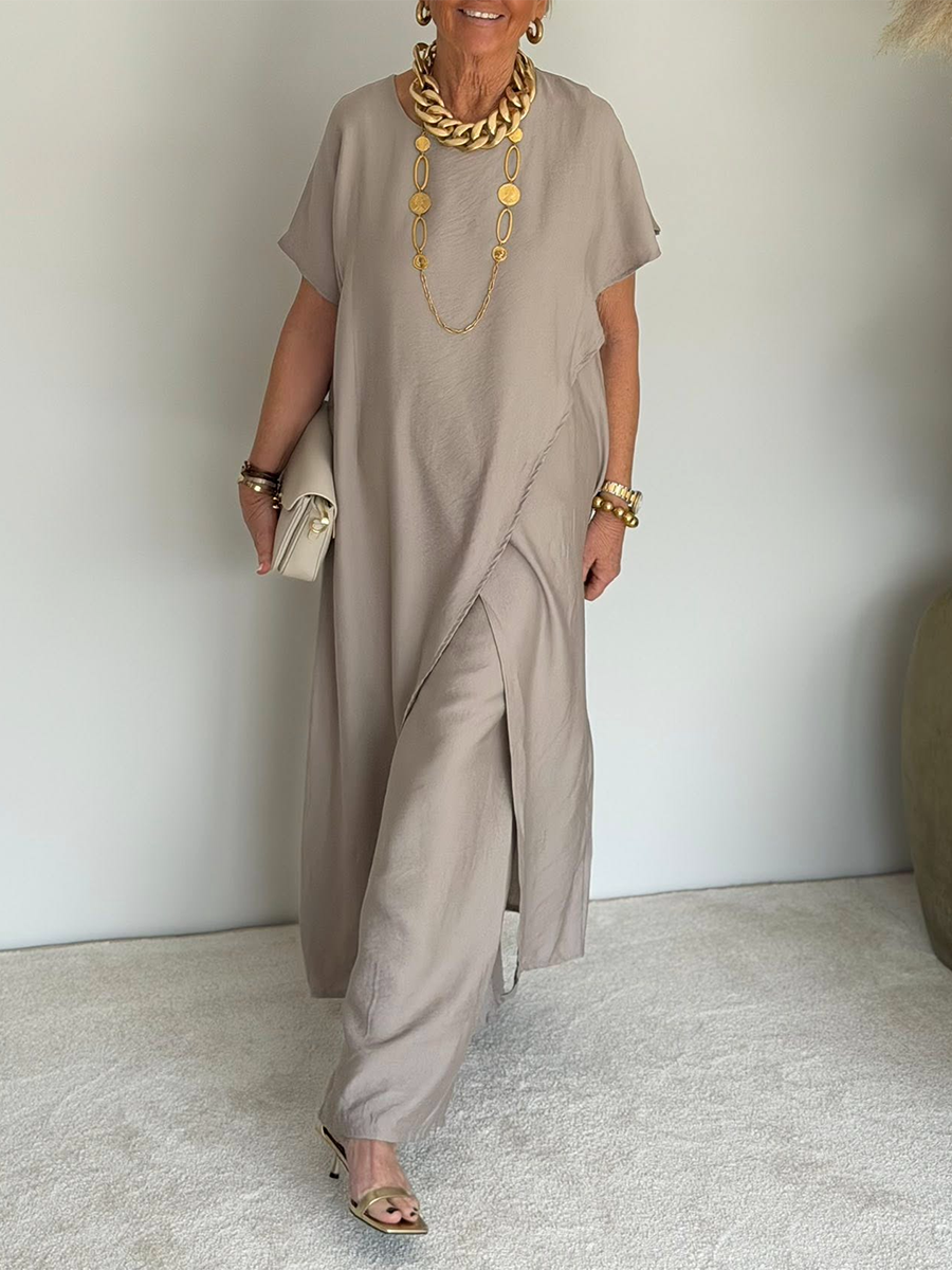 Ensemble deux pièces asymétrique ample et confortable pour femme - Tenue décontractée rétro en mélange de coton
