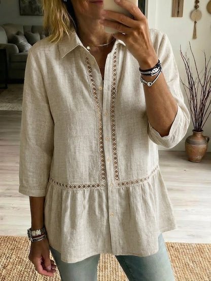 Chemise décontractée en lin et coton à motif patchwork ajouré