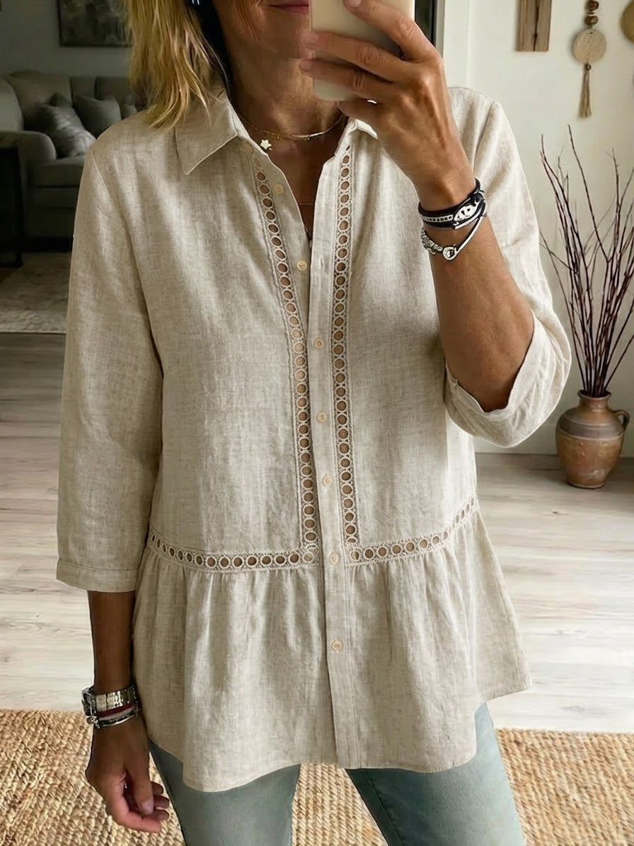 Chemise décontractée en lin et coton à motif patchwork ajouré